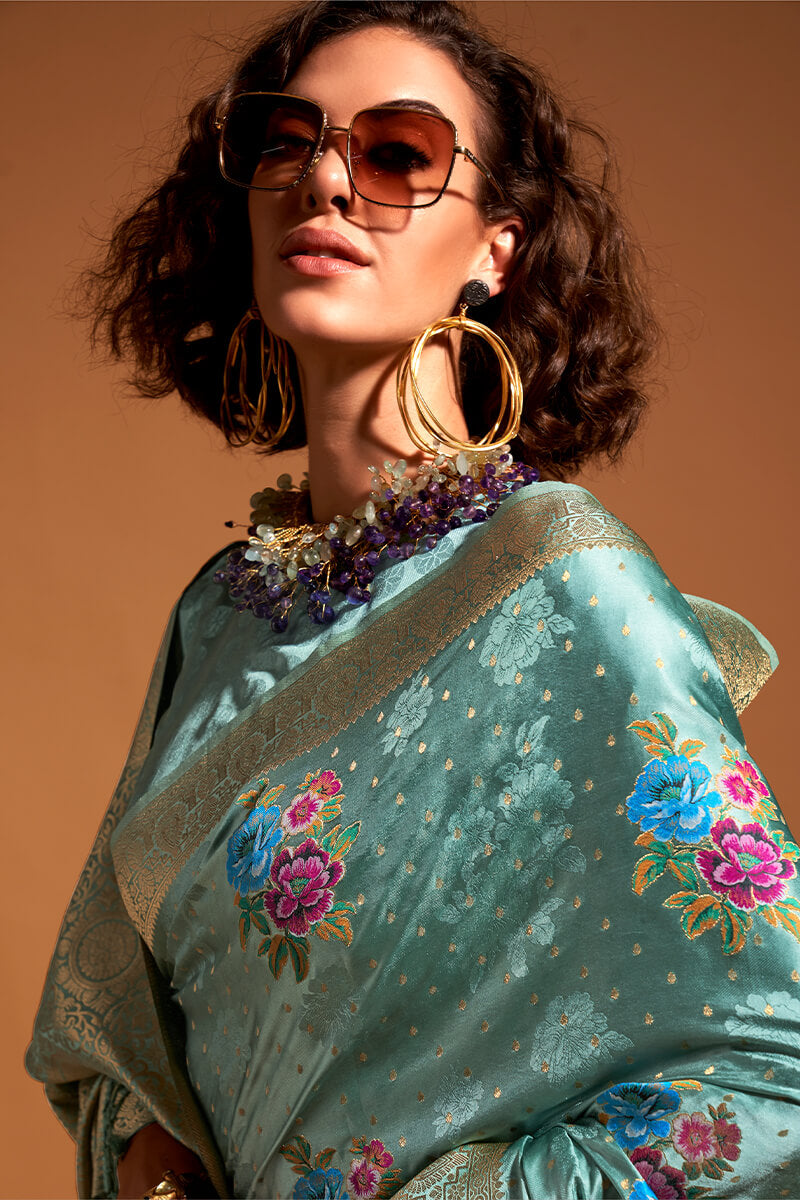 Prominent Sky Banarasi Satin Silk Saree With Glorious Blouse