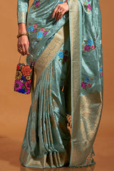 Prominent Sky Banarasi Satin Silk Saree With Glorious Blouse
