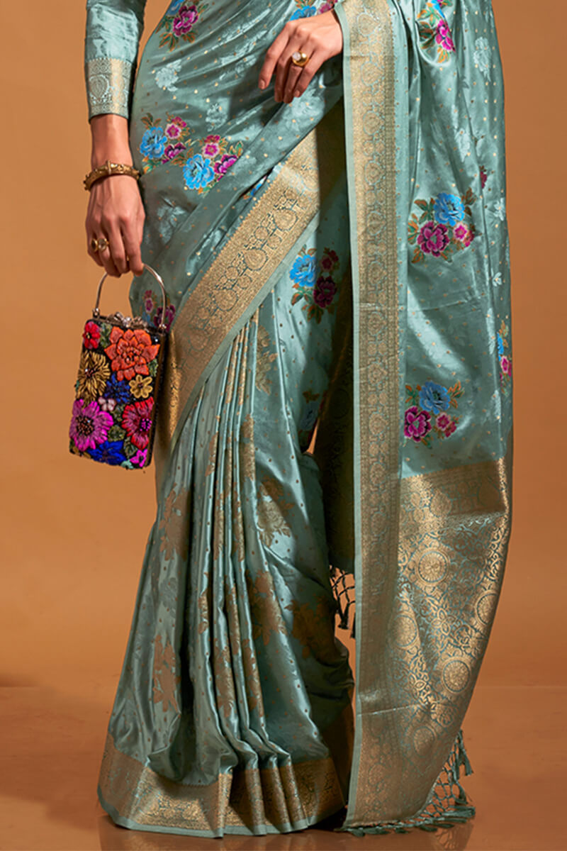 Prominent Sky Banarasi Satin Silk Saree With Glorious Blouse