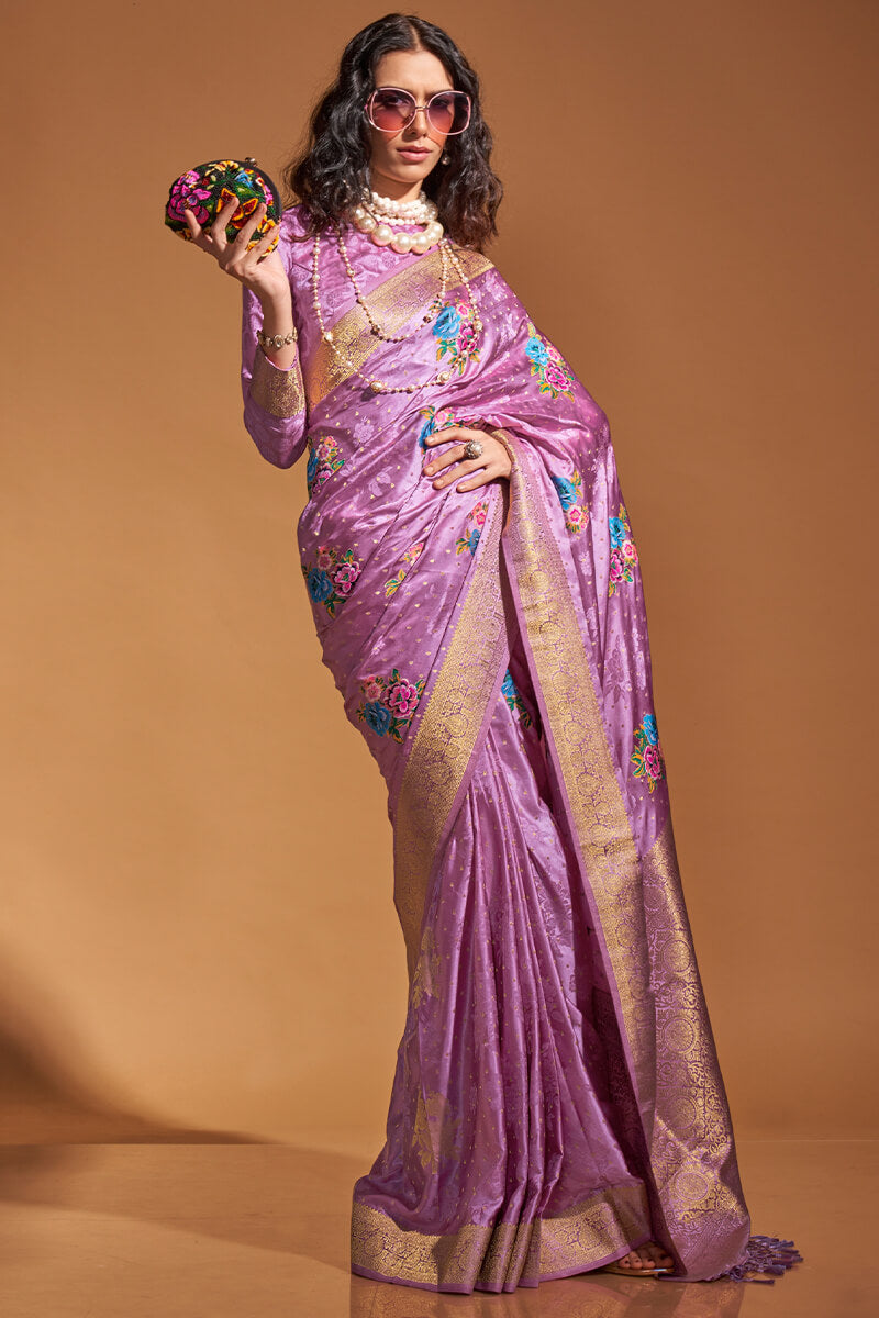 Scrumptious Lavender Banarasi Satin Silk Saree With Unequalled Blouse