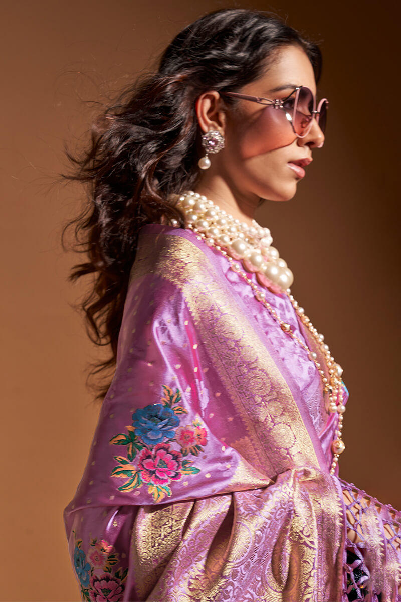 Scrumptious Lavender Banarasi Satin Silk Saree With Unequalled Blouse