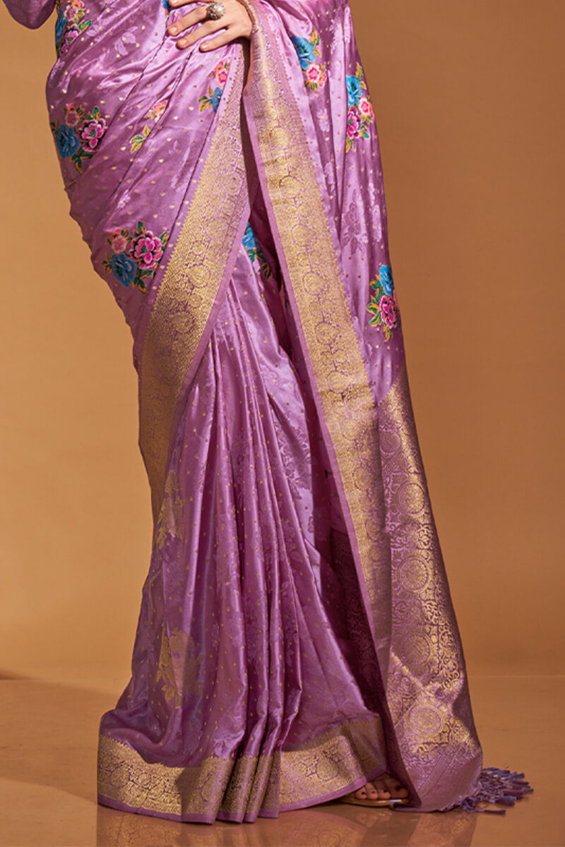 Scrumptious Lavender Banarasi Satin Silk Saree With Unequalled Blouse
