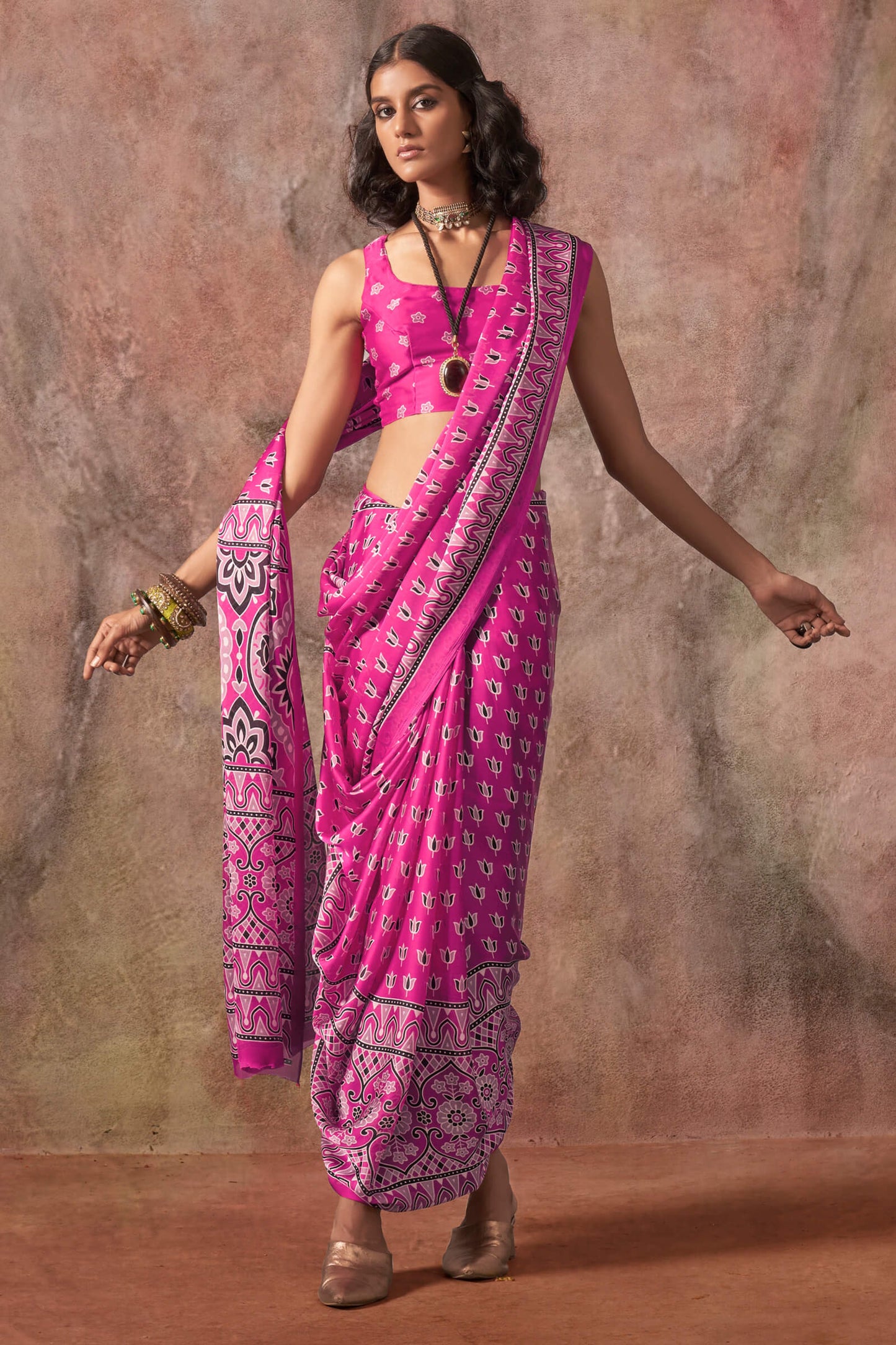 Assemblage Dark Pink Ajrakh Printed Satin Silk Saree With Sophisticated Blouse Piece