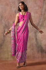 Assemblage Dark Pink Ajrakh Printed Satin Silk Saree With Sophisticated Blouse Piece