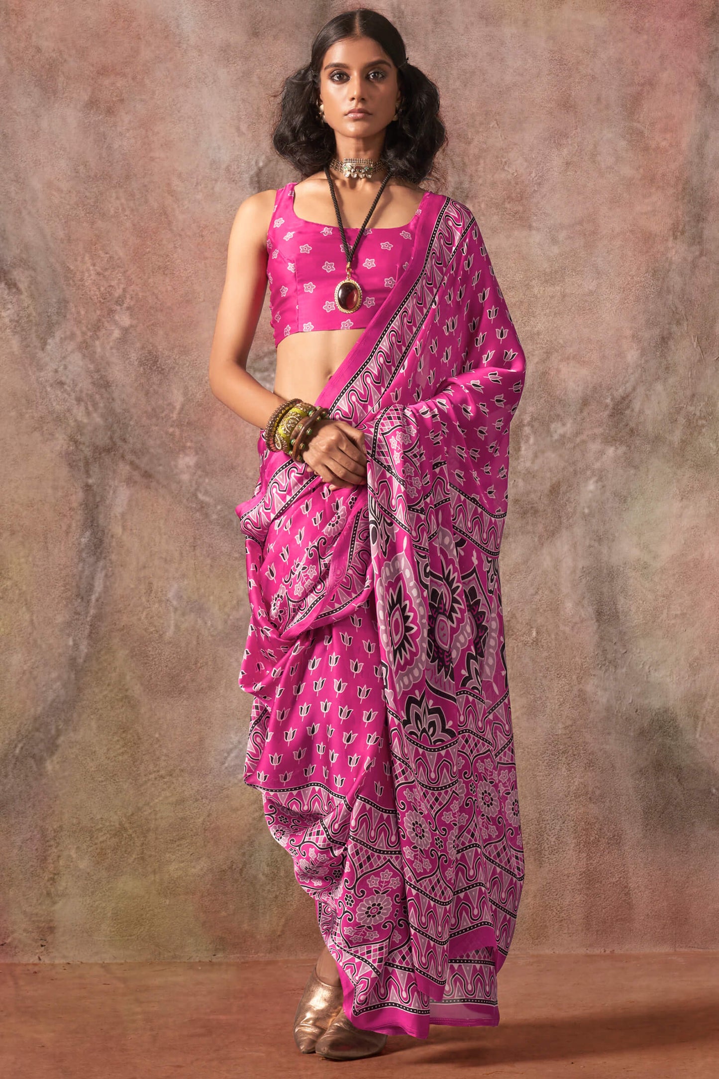 Assemblage Dark Pink Ajrakh Printed Satin Silk Saree With Sophisticated Blouse Piece