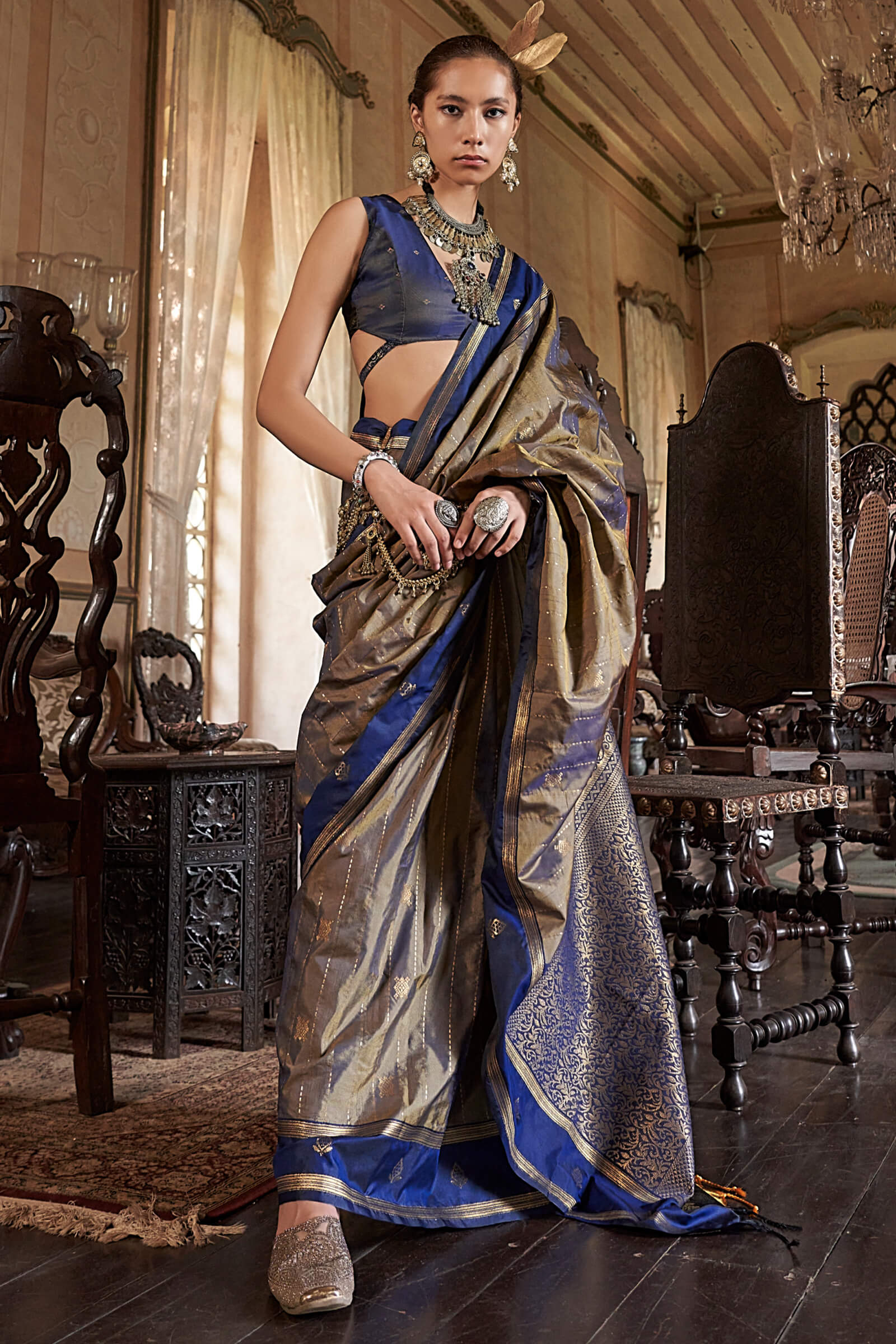 Adorning Golden Banarasi Tussar Silk Saree With Ethereal Blouse Piece