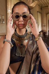 Adorning Golden Banarasi Tussar Silk Saree With Ethereal Blouse Piece