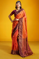 Surpassing Orange Pure Zari Weaving Banarasi Silk Saree With Artistic Blouse Piece