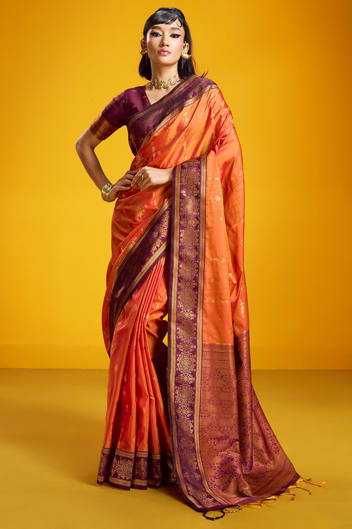 Surpassing Orange Pure Zari Weaving Banarasi Silk Saree With Artistic Blouse Piece