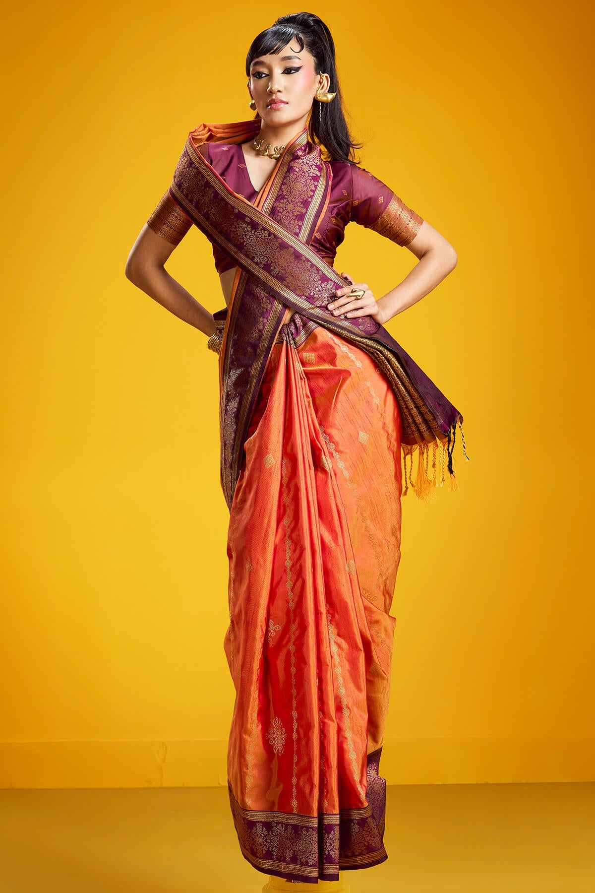 Surpassing Orange Pure Zari Weaving Banarasi Silk Saree With Artistic Blouse Piece