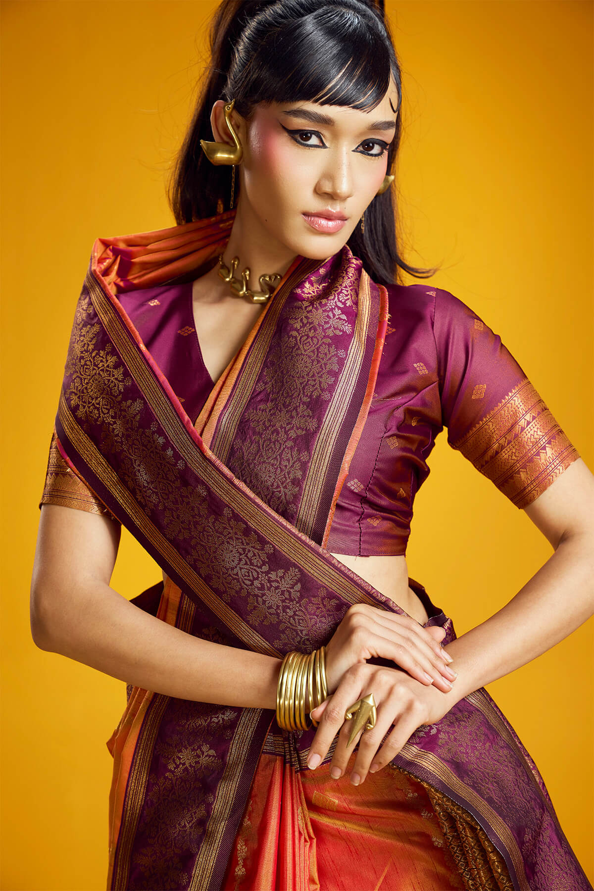 Surpassing Orange Pure Zari Weaving Banarasi Silk Saree With Artistic Blouse Piece