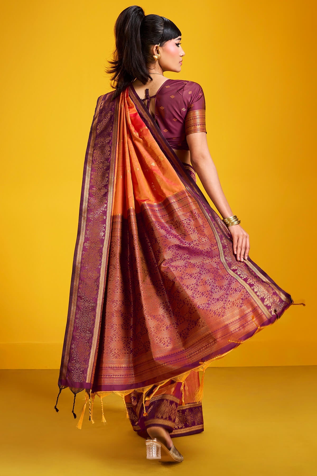 Surpassing Orange Pure Zari Weaving Banarasi Silk Saree With Artistic Blouse Piece