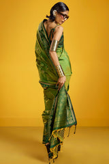 Sumptuous Mehndi Pure Zari Weaving Banarasi Silk Saree With Snappy Blouse Piece