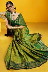 Sumptuous Mehndi Pure Zari Weaving Banarasi Silk Saree With Snappy Blouse Piece