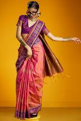 Charming Pink Pure Zari Weaving Banarasi Silk Saree With Tantalizing Blouse Piece