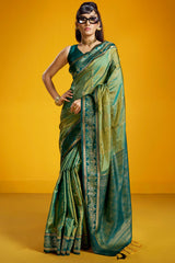 Adoring Green Pure Zari Weaving Banarasi Silk Saree With Desiring Blouse Piece