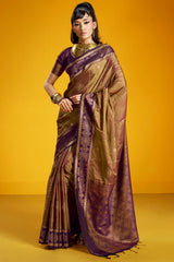 Murmurous Brown Pure Zari Weaving Banarasi Silk Saree With Mesmeric Blouse Piece