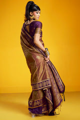 Murmurous Brown Pure Zari Weaving Banarasi Silk Saree With Mesmeric Blouse Piece