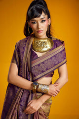 Murmurous Brown Pure Zari Weaving Banarasi Silk Saree With Mesmeric Blouse Piece