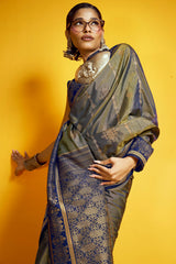 Admirable Blue Pure Zari Weaving Banarasi Silk Saree With Brood Blouse Piece