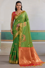 Angelic Green Pure Zari Weaving Banarasi Silk Saree With Resplendent Blouse Piece