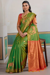 Angelic Green Pure Zari Weaving Banarasi Silk Saree With Resplendent Blouse Piece