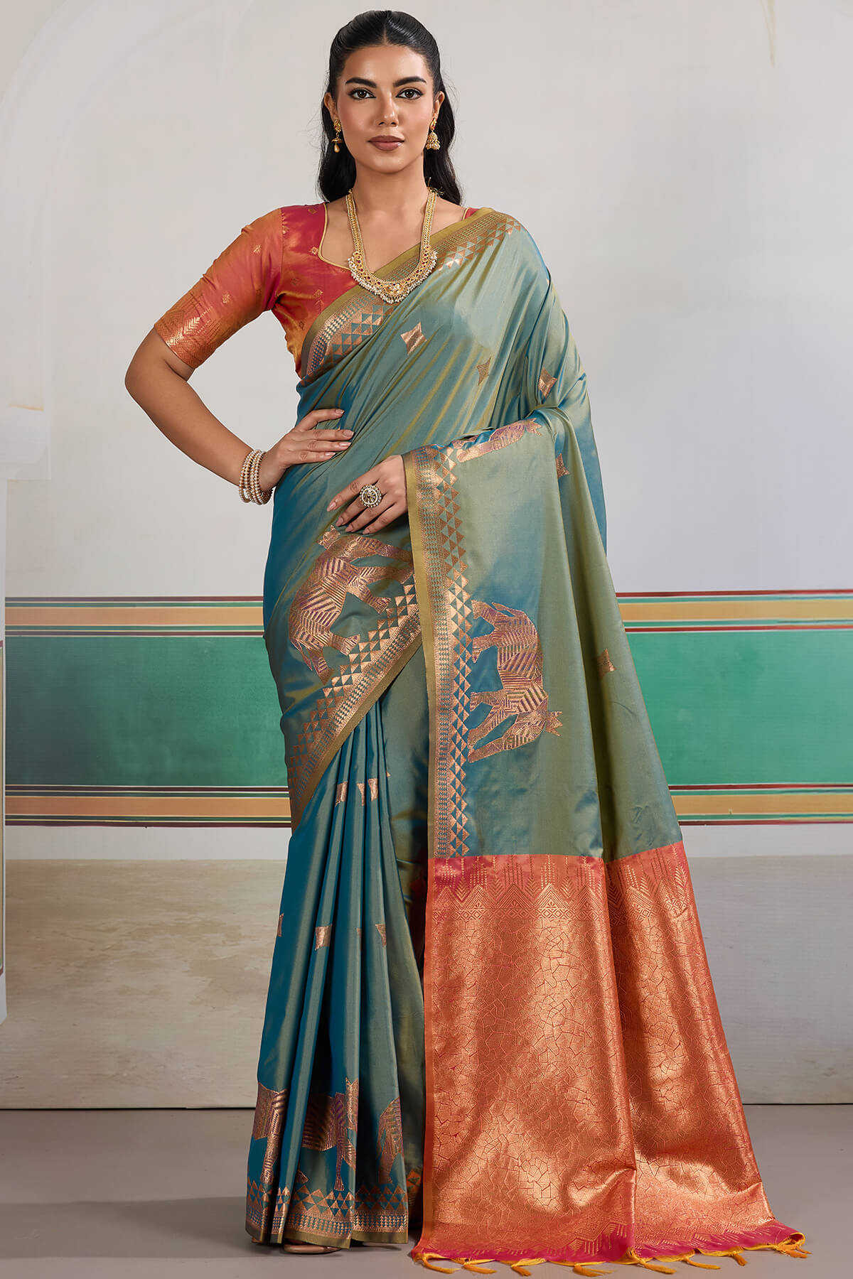 Flattering Rama Pure Zari Weaving Banarasi Silk Saree With Grandiose Blouse Piece