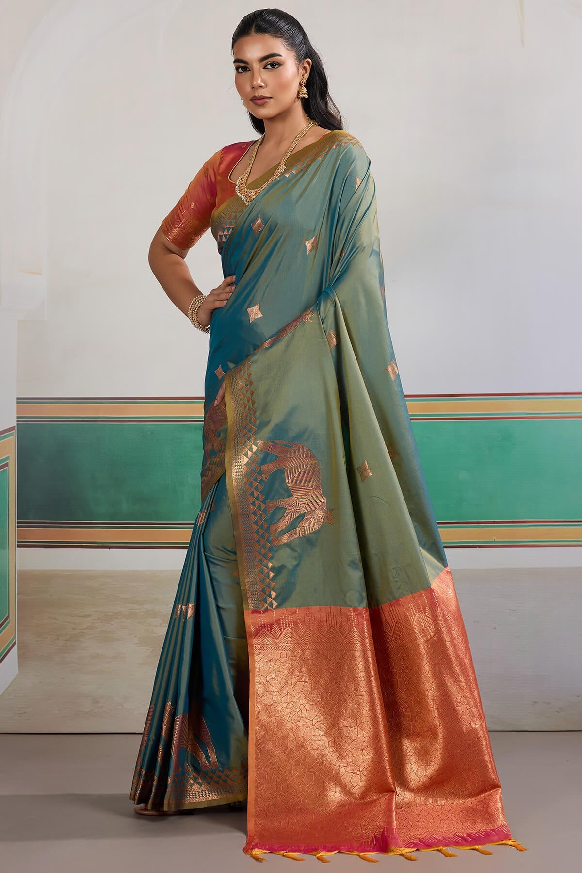 Flattering Rama Pure Zari Weaving Banarasi Silk Saree With Grandiose Blouse Piece