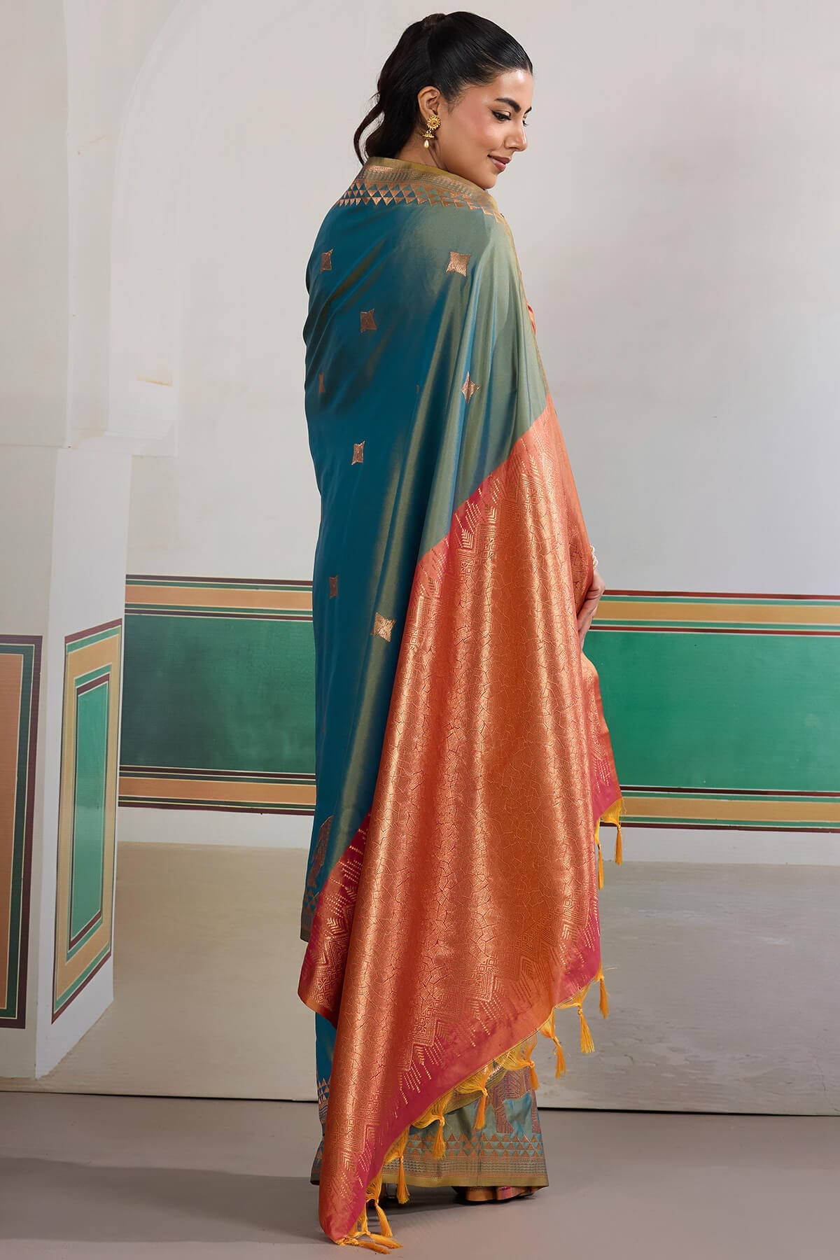 Flattering Rama Pure Zari Weaving Banarasi Silk Saree With Grandiose Blouse Piece