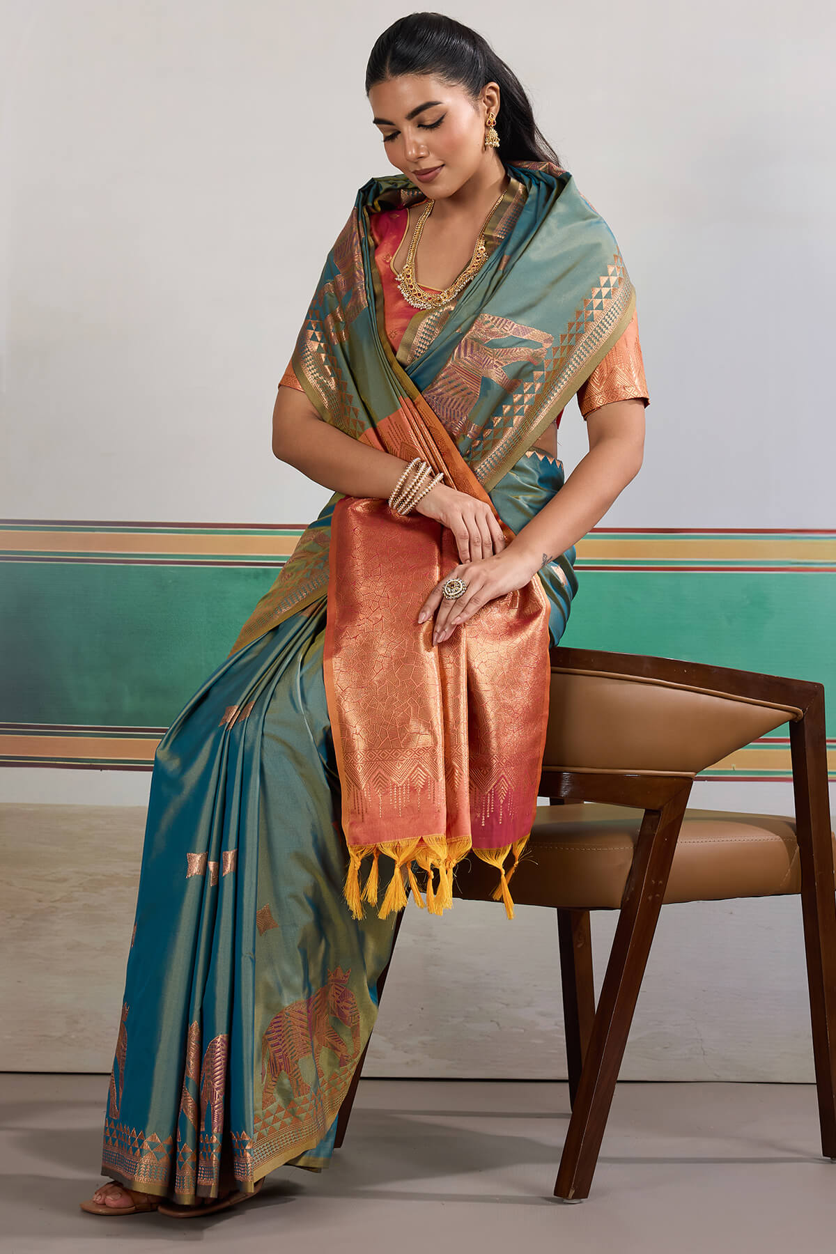 Flattering Rama Pure Zari Weaving Banarasi Silk Saree With Grandiose Blouse Piece