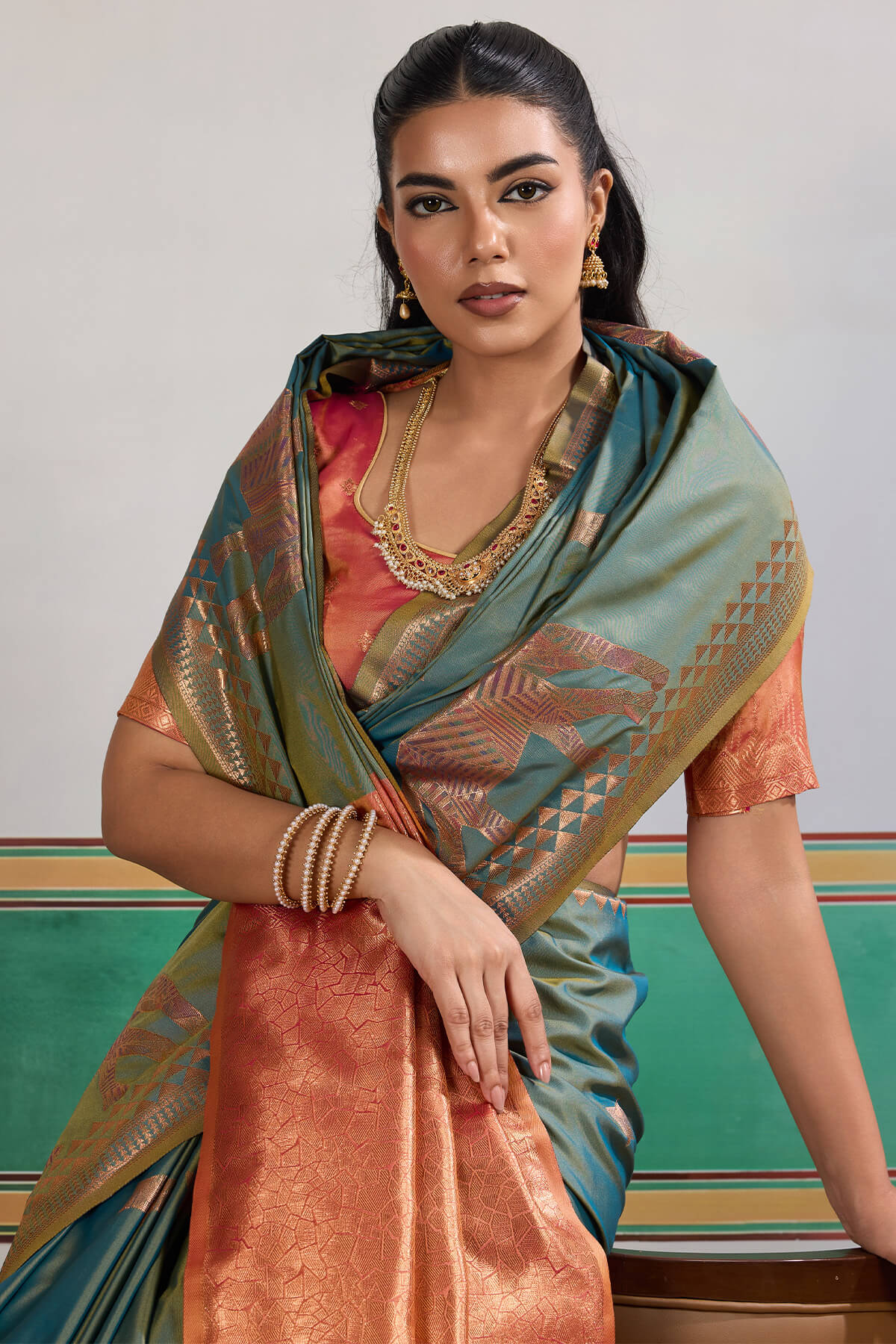 Flattering Rama Pure Zari Weaving Banarasi Silk Saree With Grandiose Blouse Piece