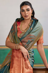 Flattering Rama Pure Zari Weaving Banarasi Silk Saree With Grandiose Blouse Piece