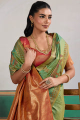 Engrossing Sea Green Pure Zari Weaving Banarasi Silk Saree With Efflorescence Blouse Piece