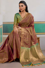 Gleaming Wine Pure Zari Weaving Banarasi Silk Saree With Profuse Blouse Piece