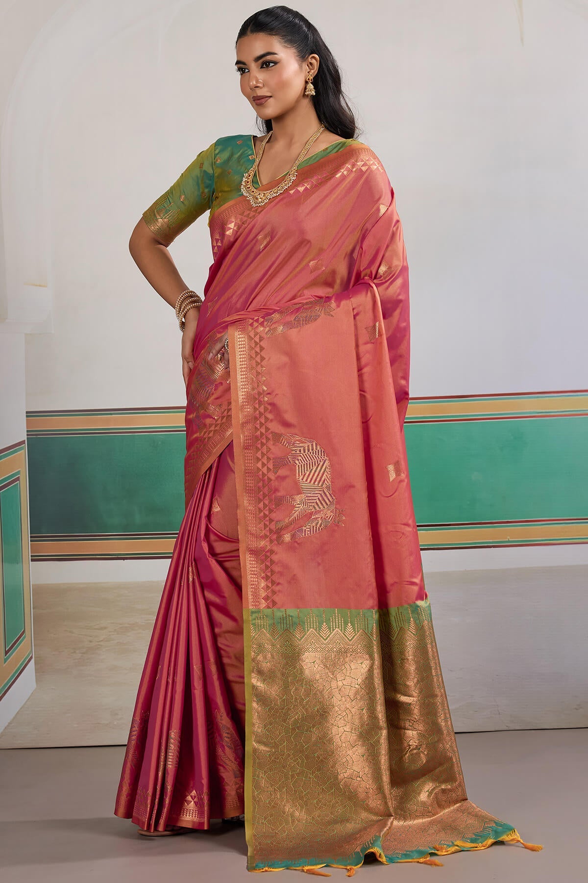 Scrumptious Pink Pure Zari Weaving Banarasi Silk Saree With Ailurophile Blouse Piece