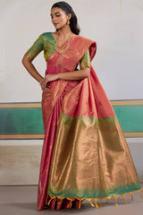 Scrumptious Pink Pure Zari Weaving Banarasi Silk Saree With Ailurophile Blouse Piece