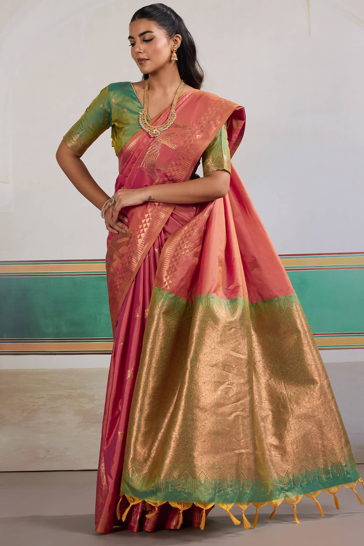 Scrumptious Pink Pure Zari Weaving Banarasi Silk Saree With Ailurophile Blouse Piece