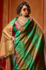 Incomparable Green Pure Zari Weaving Banarasi Silk Saree With Nebula Blouse Piece