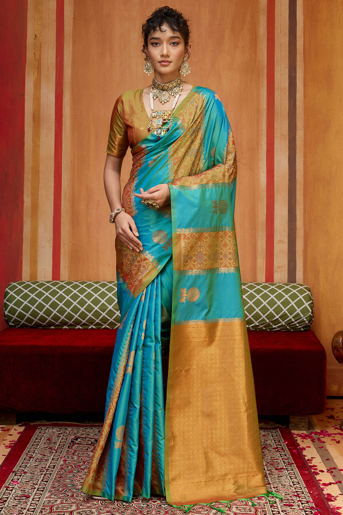 Unique Firozi Pure Zari Weaving Banarasi Silk Saree With Prominent Blouse Piece