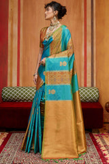Unique Firozi Pure Zari Weaving Banarasi Silk Saree With Prominent Blouse Piece