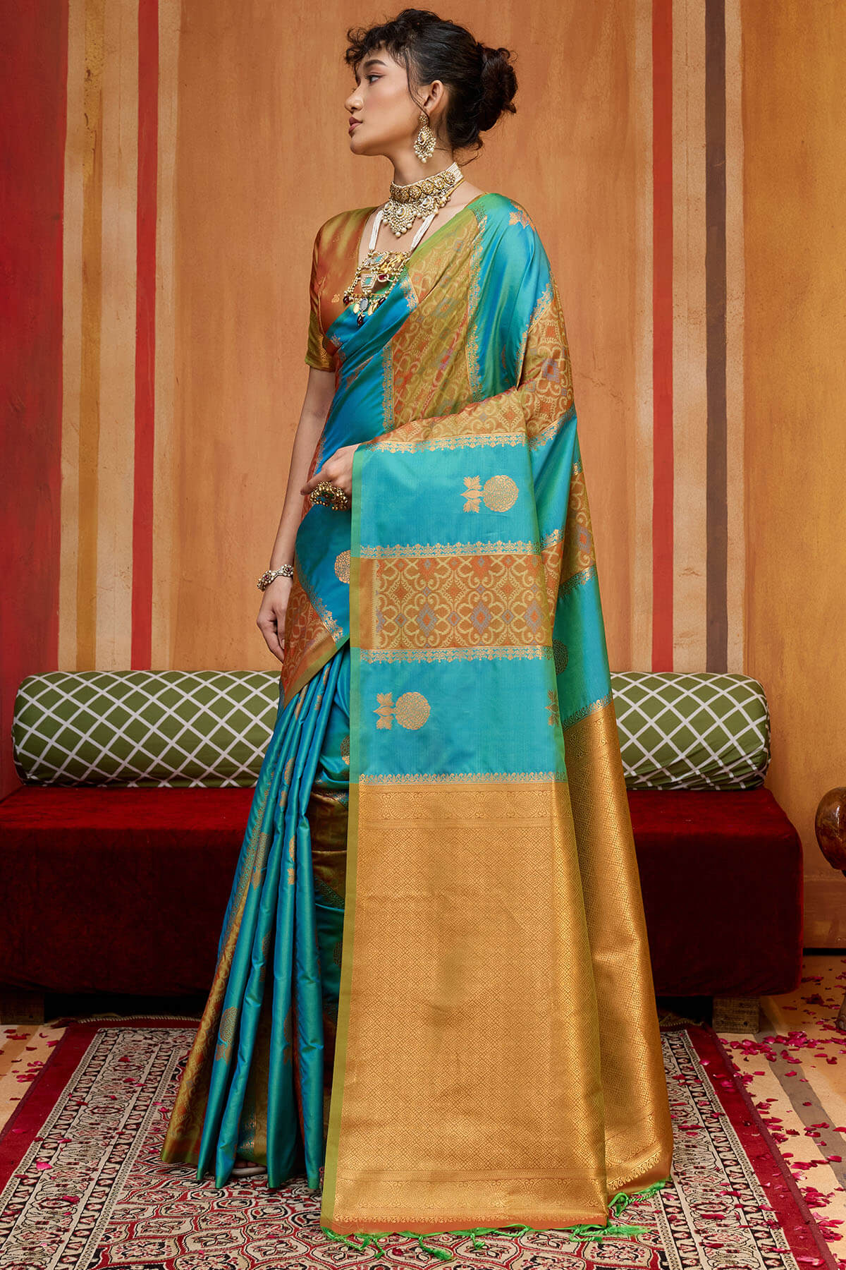 Unique Firozi Pure Zari Weaving Banarasi Silk Saree With Prominent Blouse Piece