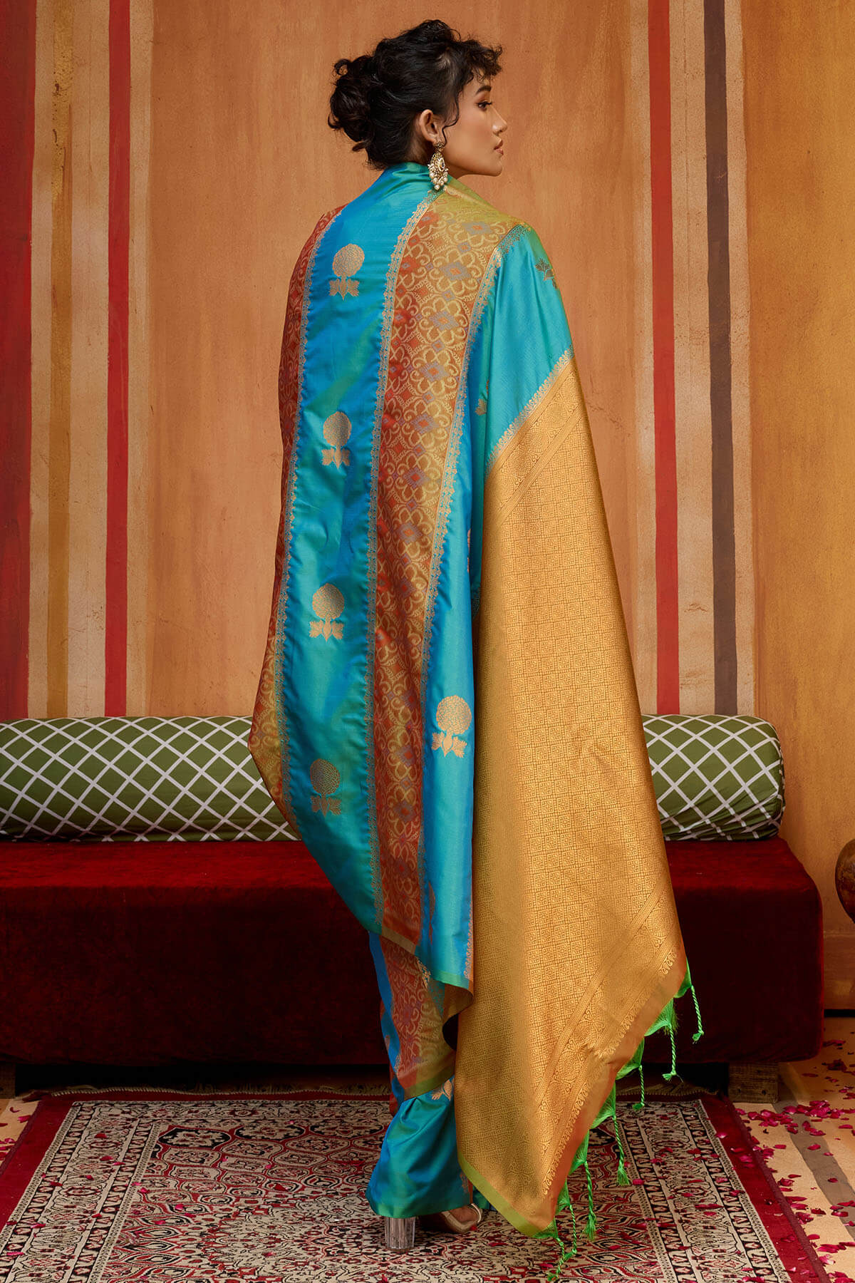 Unique Firozi Pure Zari Weaving Banarasi Silk Saree With Prominent Blouse Piece