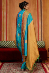 Unique Firozi Pure Zari Weaving Banarasi Silk Saree With Prominent Blouse Piece