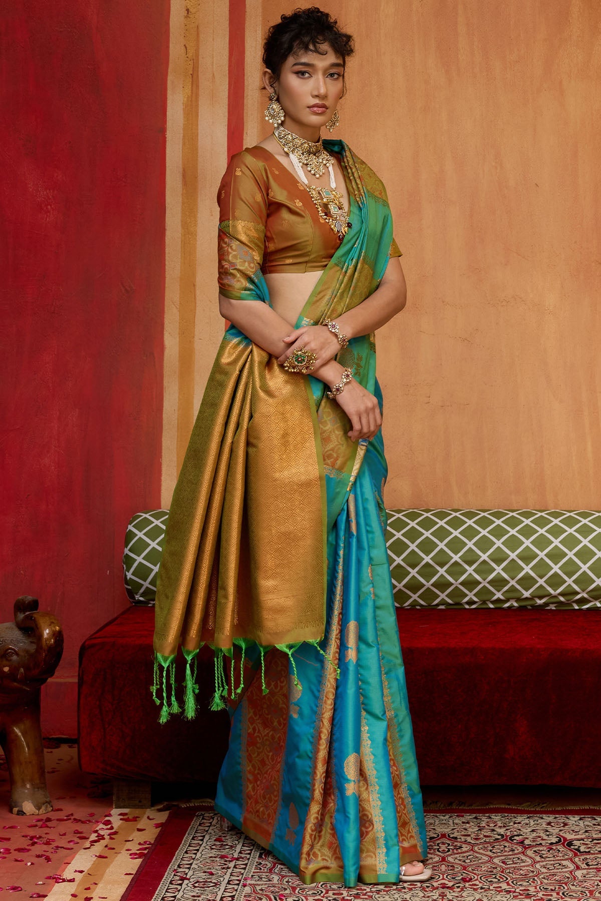 Unique Firozi Pure Zari Weaving Banarasi Silk Saree With Prominent Blouse Piece