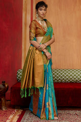 Unique Firozi Pure Zari Weaving Banarasi Silk Saree With Prominent Blouse Piece
