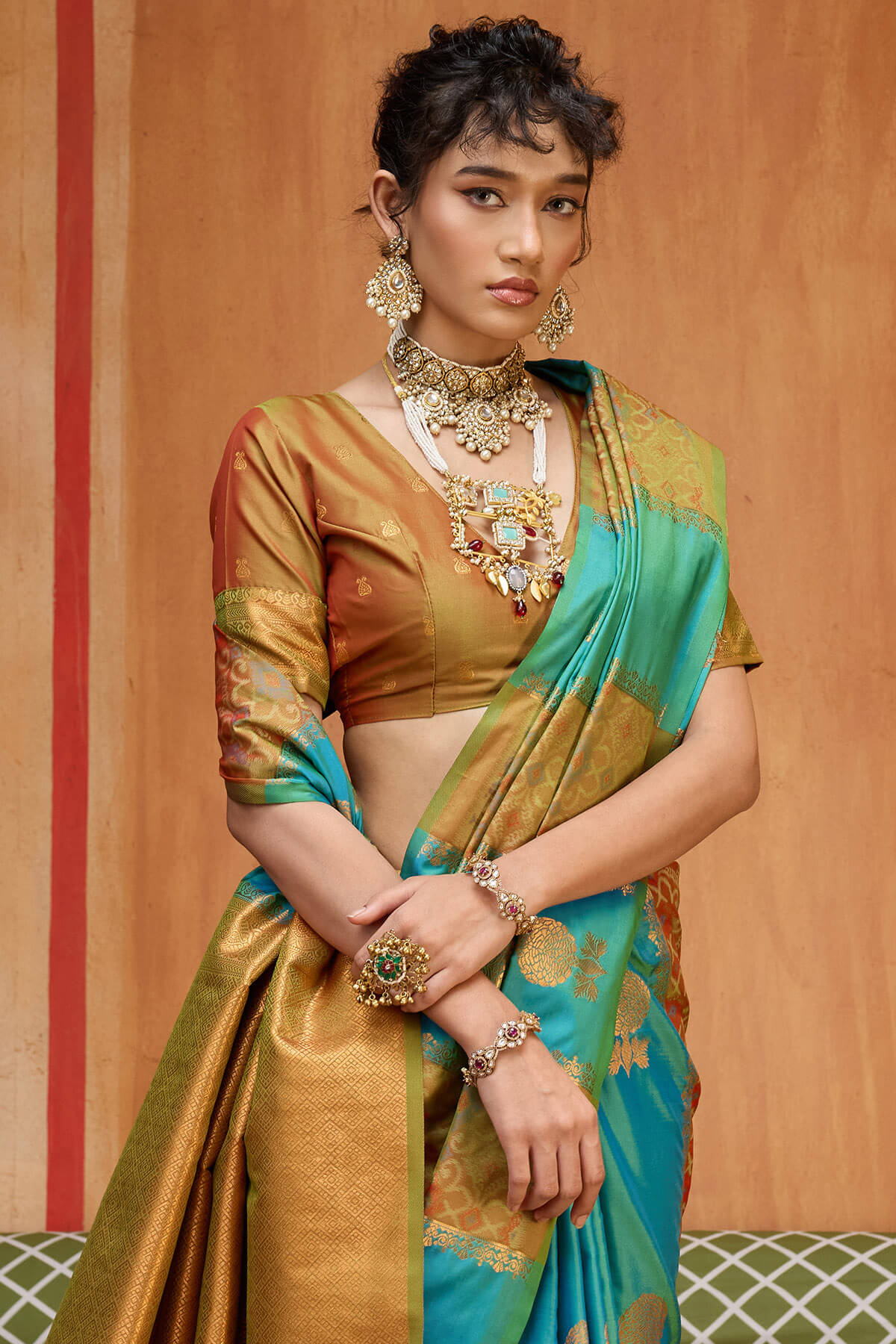 Unique Firozi Pure Zari Weaving Banarasi Silk Saree With Prominent Blouse Piece