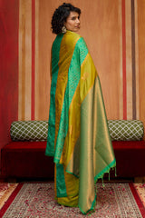Moiety Mustard Pure Zari Weaving Banarasi Silk Saree With Scintillating Blouse Piece