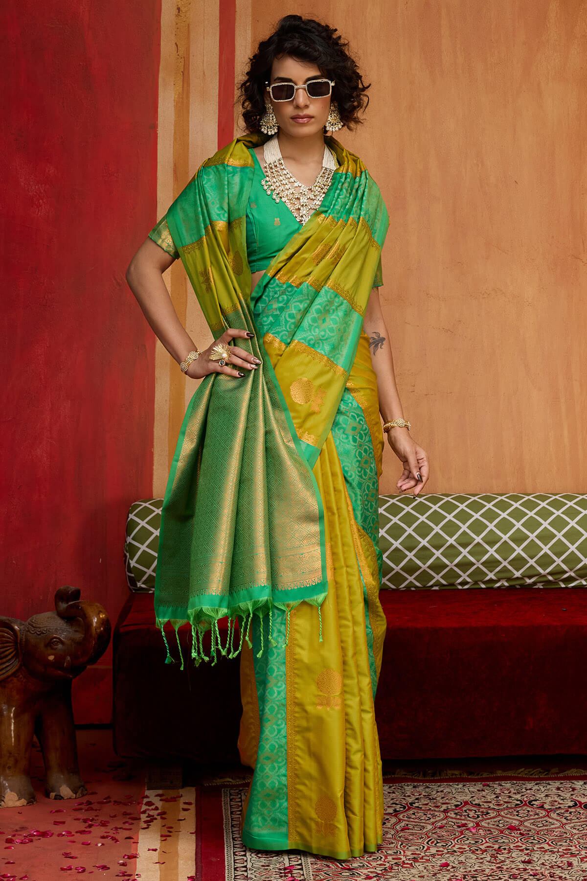 Moiety Mustard Pure Zari Weaving Banarasi Silk Saree With Scintillating Blouse Piece