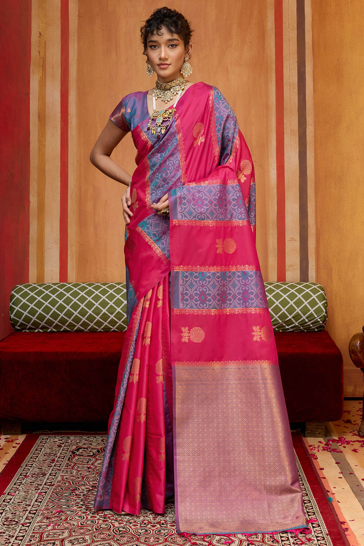 Amazing Dark Pink Pure Zari Weaving Banarasi Silk Saree With Intricate Blouse Piece