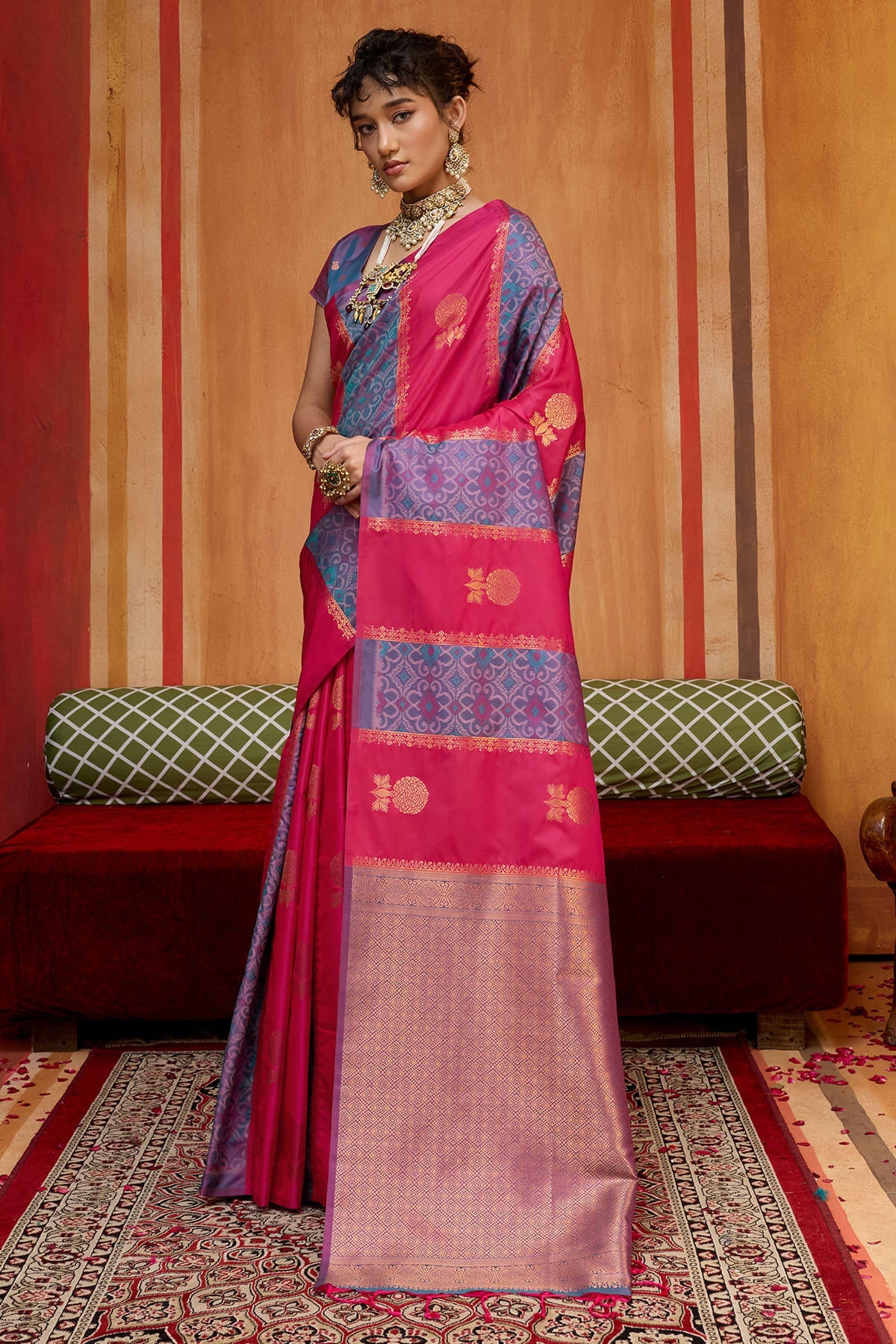 Amazing Dark Pink Pure Zari Weaving Banarasi Silk Saree With Intricate Blouse Piece
